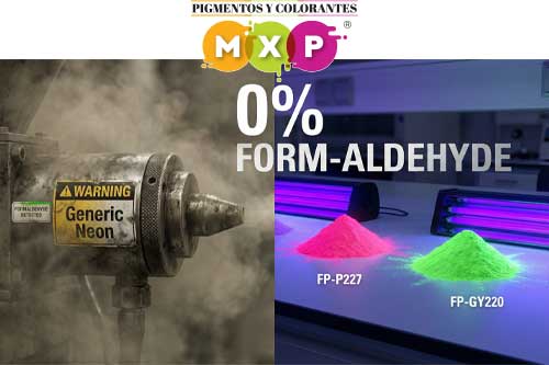 Comparativa de seguridad: Pigmento fluorescente genérico liberando humo vs. Serie FP de MXP libre de formaldehído y brillante bajo luz UV.| MXP